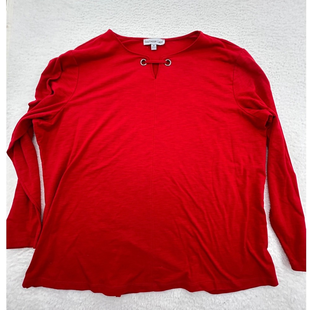 Southern Lady Womens 3X Red Slub Knit Long Sleeve Grommet Keyhole Top Plus Size
